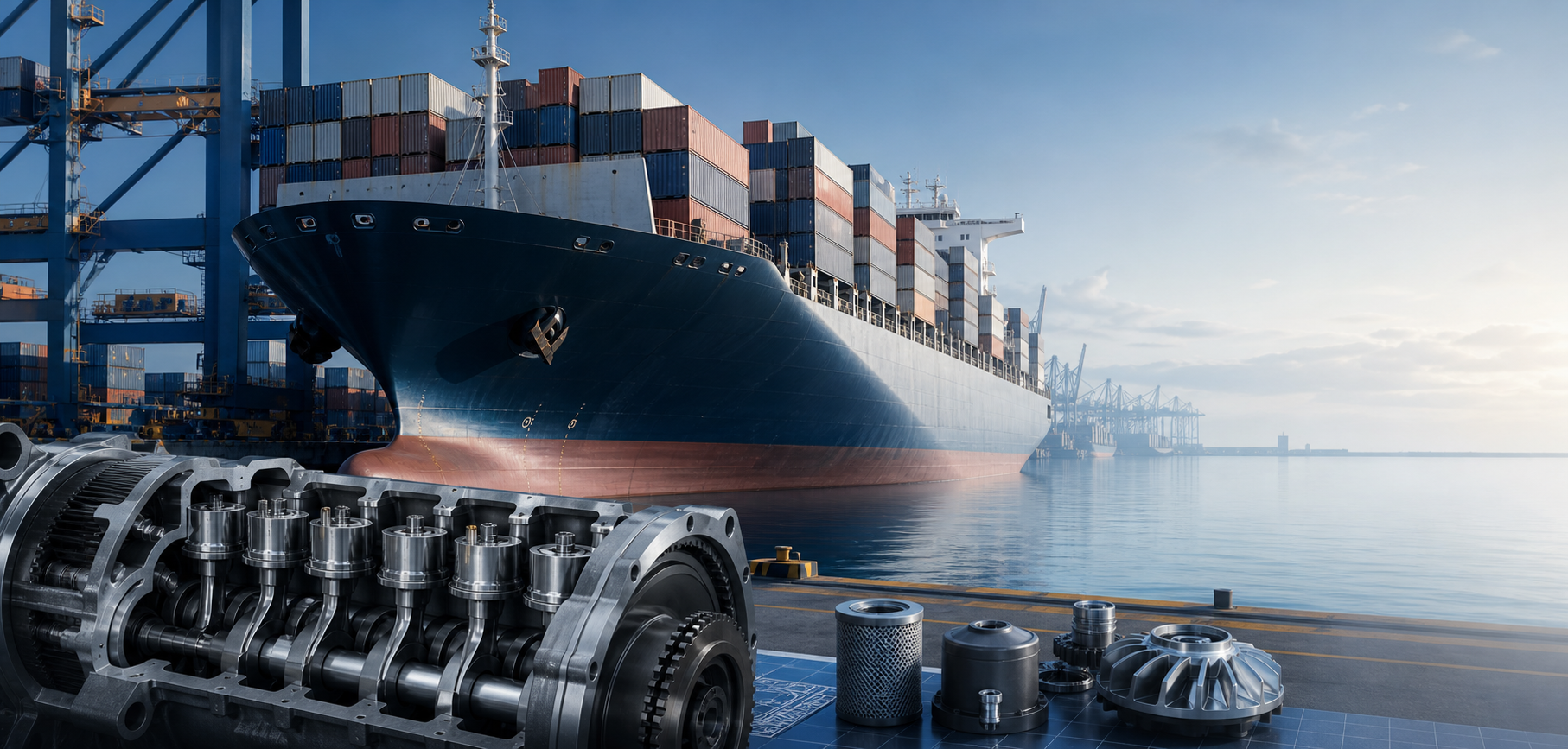 Container ship and marine engine parts